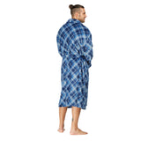 Men Bath Robe Soft Fleece Shawl Plaid Dark blue