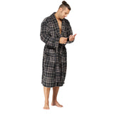 Men Bath Robe Soft Fleece Shawl Plaid Grey