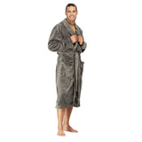 Men Bath Robe Soft Fleece Shawl Collar Grey Ribbed Motif