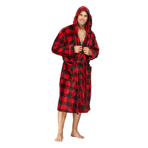 Men Hooded Bathrobe Plaid Red-Blue