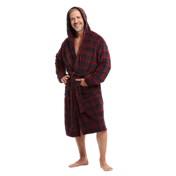 Men Hooded Bathrobe Plaid Red-Blue