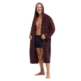 Men Hooded Bathrobe Plaid Red-Blue